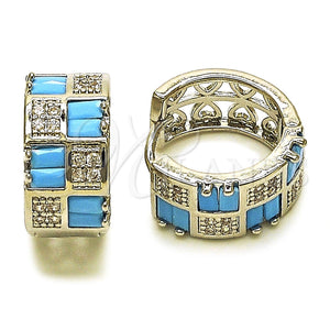 White Gold Filled Hoop Earrings — Huggie Hoop Baguette and Heart Design with Turquoise — main product view — SKU 165999 | Oro Laminado Blanco aretes de aro — Huggie Hoop Baguette and corazón diseño with Turquoise — SKU 165999
