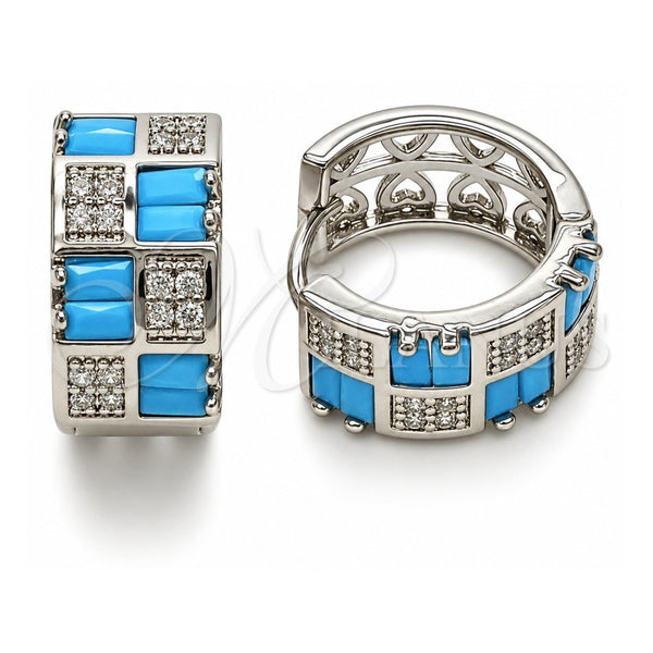 White Gold Filled Huggie Hoop, Baguette and Heart Design, with Turquoise and White Cubic Zirconia, Polished, Rhodium Finish, 02.267.0073.9.16