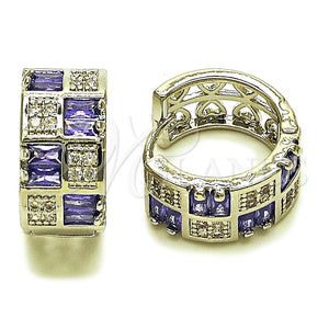 Rhodium Gold Filled Huggie Hoop, Baguette and Heart Design, with Amethyst and White Cubic Zirconia, Polished, Rhodium Finish, 02.267.0073.10.16