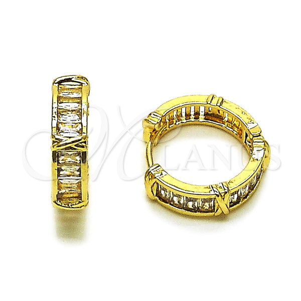 Oro Laminado Huggie Hoop, Gold Filled Style Baguette Design, with White Cubic Zirconia, Polished, Golden Finish, 02.267.0074.20