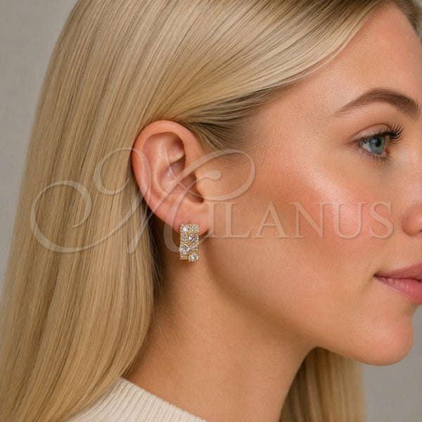 Oro Laminado Huggie Hoop, Gold Filled Style with White Cubic Zirconia and White Micro Pave, Polished, Golden Finish, 02.267.0075.16