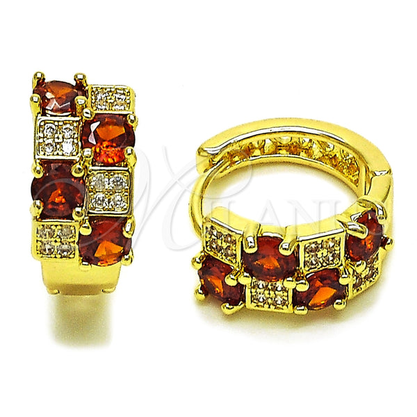 Oro Laminado Huggie Hoop, Gold Filled Style with Garnet Cubic Zirconia and White Micro Pave, Polished, Golden Finish, 02.267.0075.1.16