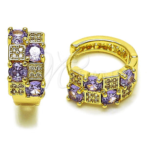 Oro Laminado Huggie Hoop, Gold Filled Style with Amethyst Cubic Zirconia and White Micro Pave, Polished, Golden Finish, 02.267.0075.3.16