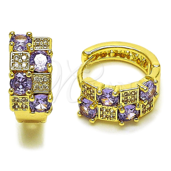 Oro Laminado Huggie Hoop, Gold Filled Style with Amethyst Cubic Zirconia and White Micro Pave, Polished, Golden Finish, 02.267.0075.3.16