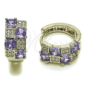 Rhodium Gold Filled Huggie Hoop, with Amethyst Cubic Zirconia and White Micro Pave, Polished, Rhodium Finish, 02.267.0075.8.16