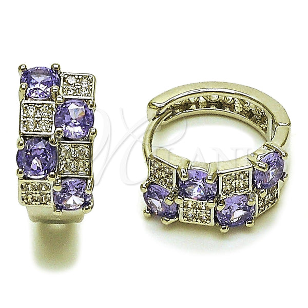 Rhodium Gold Filled Huggie Hoop, with Amethyst Cubic Zirconia and White Micro Pave, Polished, Rhodium Finish, 02.267.0075.8.16