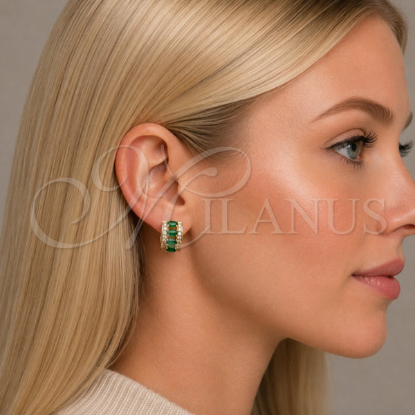 Oro Laminado Huggie Hoop, Gold Filled Style Cluster Design, with Green and White Cubic Zirconia, Polished, Golden Finish, 02.267.0076.2.15