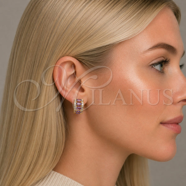 Oro Laminado Huggie Hoop, Gold Filled Style Cluster Design, with Amethyst and White Cubic Zirconia, Polished, Golden Finish, 02.267.0076.3.15