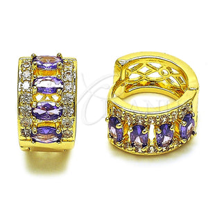 Oro Laminado Huggie Hoop, Gold Filled Style Cluster Design, with Amethyst and White Cubic Zirconia, Polished, Golden Finish, 02.267.0076.3.15