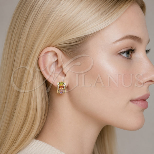 Oro Laminado Huggie Hoop, Gold Filled Style Cluster Design, with Multicolor and White Cubic Zirconia, Polished, Golden Finish, 02.267.0076.4.15