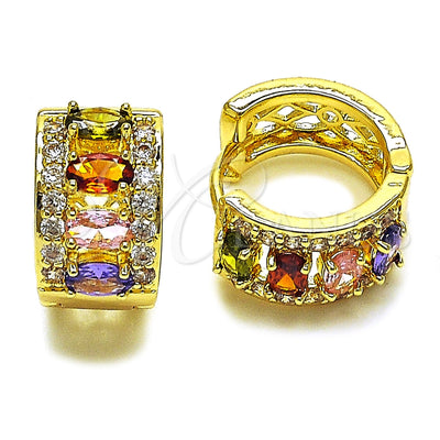 Oro Laminado Huggie Hoop, Gold Filled Style Cluster Design, with Multicolor and White Cubic Zirconia, Polished, Golden Finish, 02.267.0076.4.15