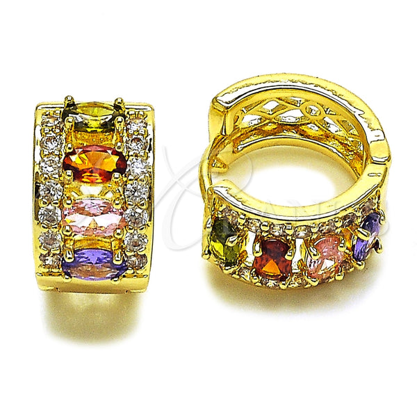 Oro Laminado Huggie Hoop, Gold Filled Style Cluster Design, with Multicolor and White Cubic Zirconia, Polished, Golden Finish, 02.267.0076.4.15