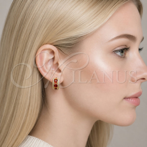 Oro Laminado Huggie Hoop, Gold Filled Style Cluster Design, with Garnet and White Cubic Zirconia, Polished, Golden Finish, 02.267.0077.1.15