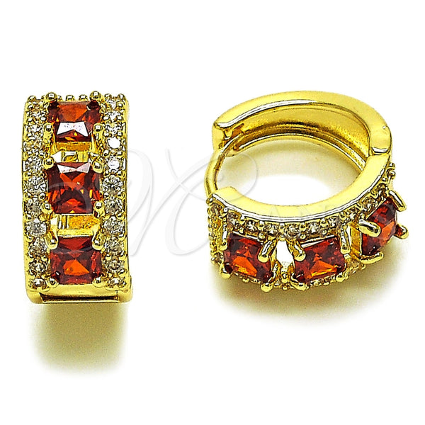 Oro Laminado Huggie Hoop, Gold Filled Style Cluster Design, with Garnet and White Cubic Zirconia, Polished, Golden Finish, 02.267.0077.1.15