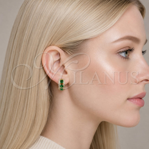 Oro Laminado Huggie Hoop, Gold Filled Style Cluster Design, with Green and White Cubic Zirconia, Polished, Golden Finish, 02.267.0077.2.15