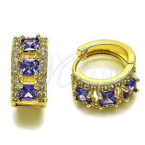 Oro Laminado Huggie Hoop, Gold Filled Style Cluster Design, with Amethyst and White Cubic Zirconia, Polished, Golden Finish, 02.267.0077.3.15
