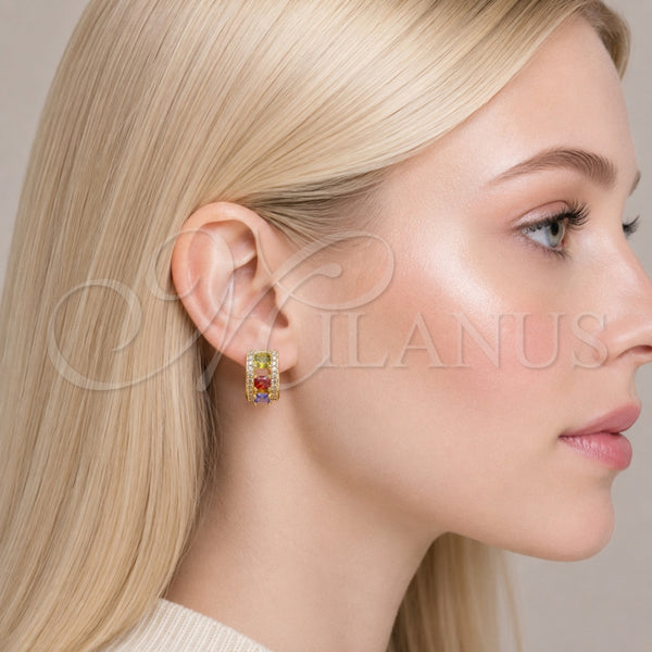 Oro Laminado Huggie Hoop, Gold Filled Style Cluster Design, with Multicolor and White Cubic Zirconia, Polished, Golden Finish, 02.267.0077.4.15