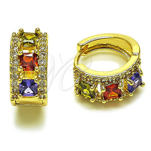 Oro Laminado Huggie Hoop, Gold Filled Style Cluster Design, with Multicolor and White Cubic Zirconia, Polished, Golden Finish, 02.267.0077.4.15