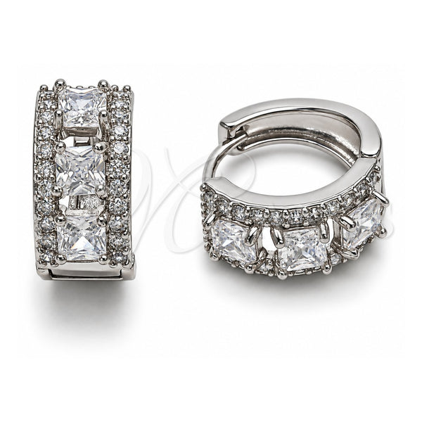 White Gold Filled Huggie Hoop, Cluster Design, with White Cubic Zirconia, Polished, Rhodium Finish, 02.267.0077.5.15
