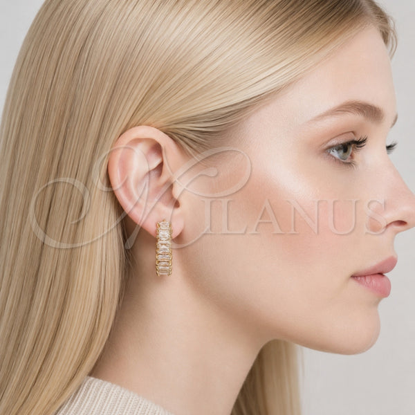 Oro Laminado Huggie Hoop, Gold Filled Style Baguette Design, with White Cubic Zirconia, Polished, Golden Finish, 02.267.0080.22