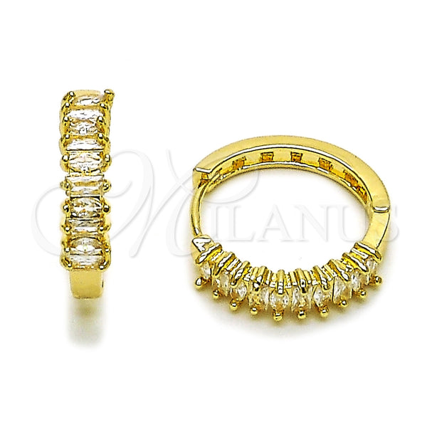 Oro Laminado Huggie Hoop, Gold Filled Style Baguette Design, with White Cubic Zirconia, Polished, Golden Finish, 02.267.0080.22