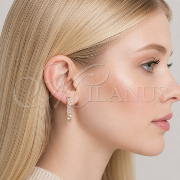 Oro Laminado Huggie Hoop, Gold Filled Style Baguette Design, with White Cubic Zirconia, Polished, Golden Finish, 02.267.0081.25