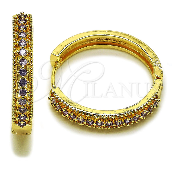 Oro Laminado Huggie Hoop, Gold Filled Style with Amethyst Cubic Zirconia, Polished, Golden Finish, 02.267.0093.3.30
