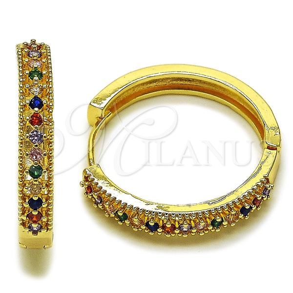 Oro Laminado Huggie Hoop, Gold Filled Style with Multicolor Cubic Zirconia, Polished, Golden Finish, 02.267.0093.4.30