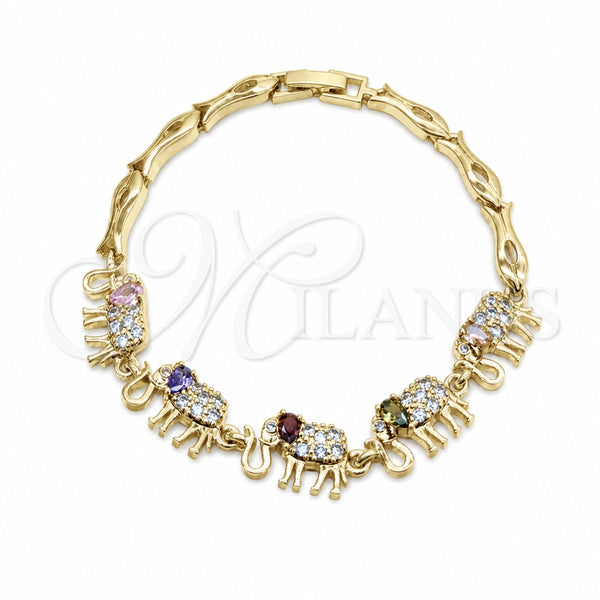Oro Laminado Fancy Bracelet, Gold Filled Style Elephant and Fish Design, with Multicolor and White Cubic Zirconia, Polished, Golden Finish, 03.316.0031.4.07 (05 MM Thickness, 7 Inches Length)