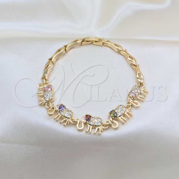 Oro Laminado Fancy Bracelet, Gold Filled Style Elephant and Fish Design, with Multicolor and White Cubic Zirconia, Polished, Golden Finish, 03.316.0031.4.07 (05 MM Thickness, 7 Inches Length)