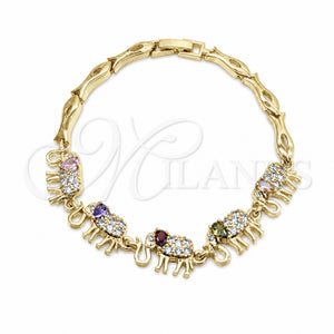 Oro Laminado Fancy Bracelet, Gold Filled Style Elephant and Fish Design, with Multicolor and White Cubic Zirconia, Polished, Golden Finish, 03.316.0031.4.07 (05 MM Thickness, 7 Inches Length)