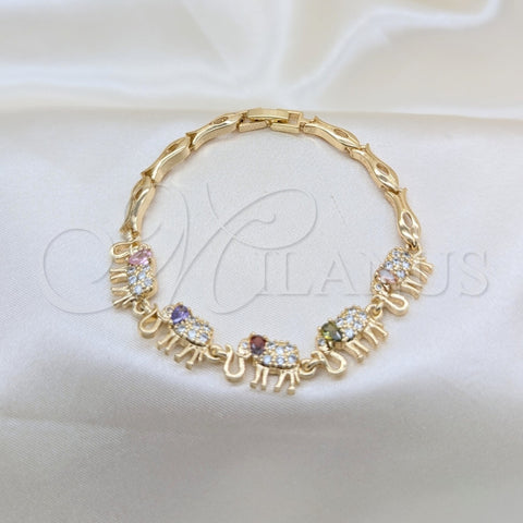 Oro Laminado Fancy Bracelet, Gold Filled Style Elephant and Fish Design, with Multicolor and White Cubic Zirconia, Polished, Golden Finish, 03.316.0031.4.07 (05 MM Thickness, 7 Inches Length)