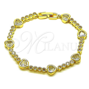 Oro Laminado Tennis Bracelet, Gold Filled Style Heart Design, with White Cubic Zirconia, Polished, Golden Finish, 03.284.0066.07 (Thickness, 8 Inches Length)