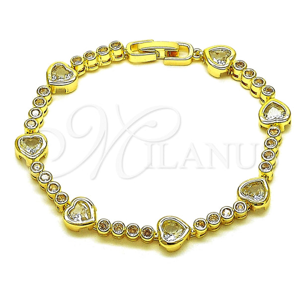 Oro Laminado Tennis Bracelet, Gold Filled Style Heart Design, with White Cubic Zirconia, Polished, Golden Finish, 03.284.0066.07 (Thickness, 8 Inches Length)