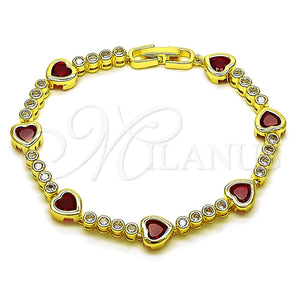 Oro Laminado Tennis Bracelet, Gold Filled Style Heart Design, with Garnet and White Cubic Zirconia, Polished, Golden Finish, 03.284.0066.1.07 (Thickness, 8 Inches Length)