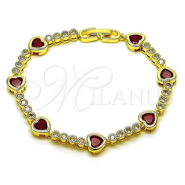Oro Laminado Tennis Bracelet, Gold Filled Style Heart Design, with Garnet and White Cubic Zirconia, Polished, Golden Finish, 03.284.0066.1.07 (Thickness, 8 Inches Length)