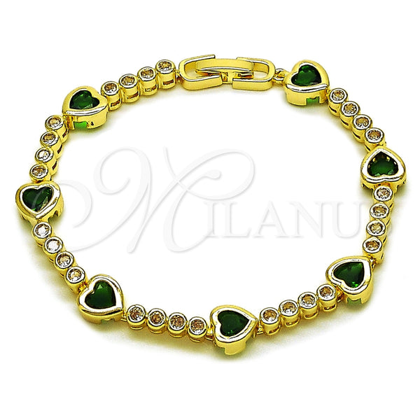 Oro Laminado Tennis Bracelet, Gold Filled Style Heart Design, with Green and White Cubic Zirconia, Polished, Golden Finish, 03.284.0066.2.07 (Thickness, 8 Inches Length)