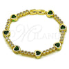Oro Laminado Tennis Bracelet, Gold Filled Style Heart Design, with Green and White Cubic Zirconia, Polished, Golden Finish, 03.284.0066.2.07 (Thickness, 8 Inches Length)