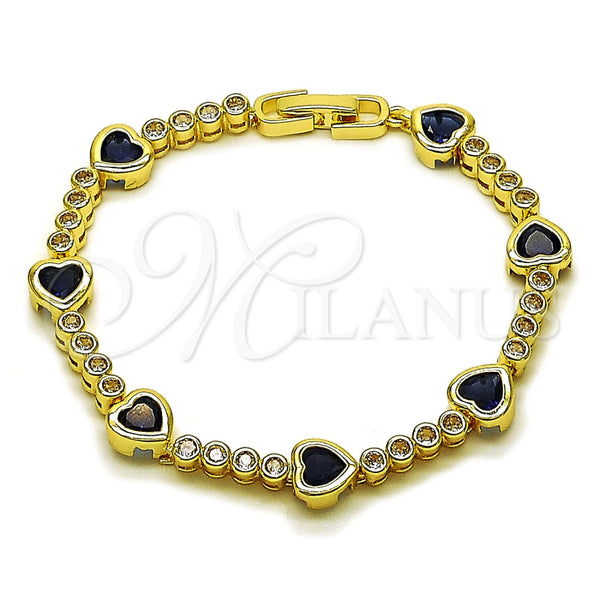 Oro Laminado Tennis Bracelet, Gold Filled Style Heart Design, with Sapphire Blue and White Cubic Zirconia, Polished, Golden Finish, 03.284.0066.3.07 (Thickness, 8 Inches Length)
