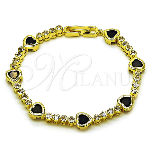 Oro Laminado Tennis Bracelet, Gold Filled Style Heart Design, with Black and White Cubic Zirconia, Polished, Golden Finish, 03.284.0066.4.07 (Thickness, 8 Inches Length)