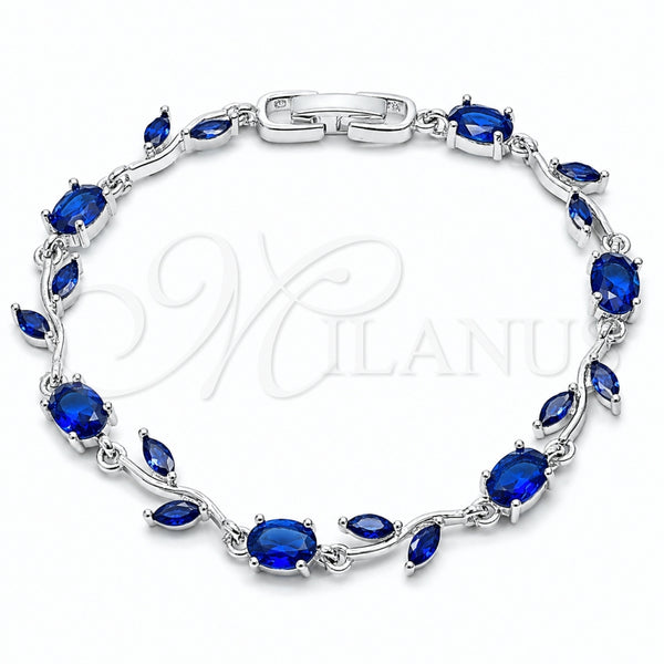 Rhodium Gold Filled Tennis Bracelet, Flower Design, with Sapphire Blue Cubic Zirconia, Polished, Rhodium Finish, 03.283.0579.07 (Thickness, 7 Inches Length)