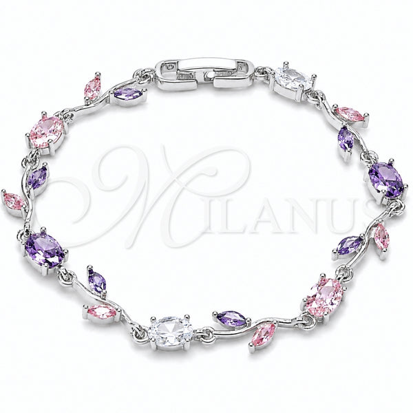 Rhodium Gold Filled Tennis Bracelet, Flower Design, with Amethyst and Pink Cubic Zirconia, Polished, Rhodium Finish, 03.283.0579.2.07 (Thickness, 7 Inches Length)