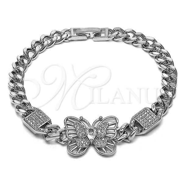 Rhodium Gold Filled Fancy Bracelet, Butterfly and Puff Mariner Design, with White Cubic Zirconia and White Micro Pave, Polished, Rhodium Finish, 03.283.0586.07 (Thickness, 8 Inches Length)