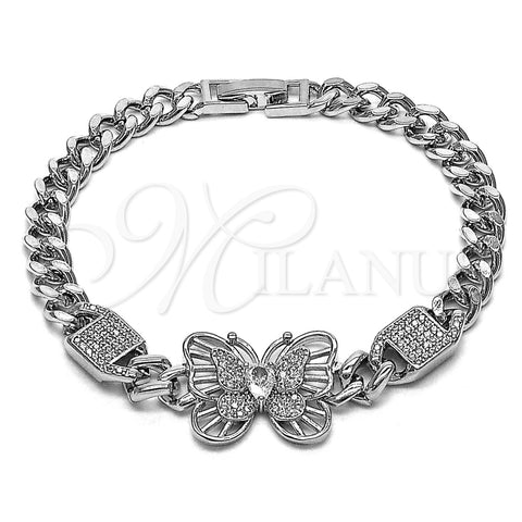Rhodium Gold Filled Fancy Bracelet, Butterfly and Puff Mariner Design, with White Cubic Zirconia and White Micro Pave, Polished, Rhodium Finish, 03.283.0586.07 (Thickness, 8 Inches Length)