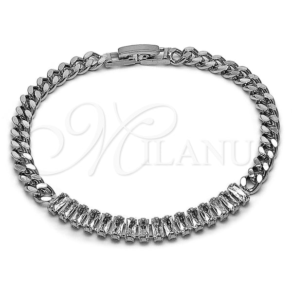 Rhodium Gold Filled Fancy Bracelet, Baguette and Miami Cuban Design, with White Cubic Zirconia, Polished, Rhodium Finish, 03.283.0093.2.07 (05 MM Thickness, 7 Inches Length)