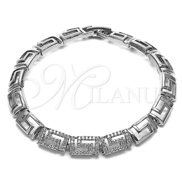 Rhodium Gold Filled Fancy Bracelet, Greek Key Design, with White Micro Pave, Polished, Rhodium Finish, 03.283.0056.1.07 (Thickness, 8 Inches Length)