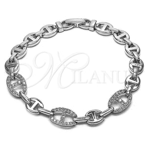Rhodium Gold Filled Fancy Bracelet, Puff Mariner Design, with White Cubic Zirconia, Polished, Rhodium Finish, 03.283.0592.07 (Thickness, 8 Inches Length)