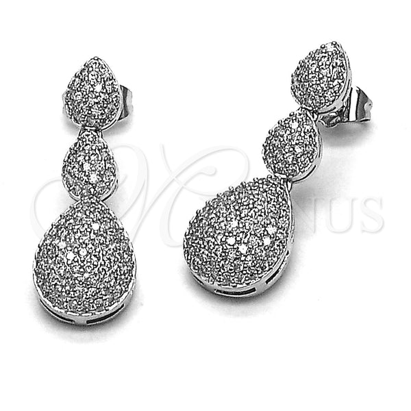Rhodium Gold Filled Long Earring, Teardrop Design, with White Micro Pave, Polished, Rhodium Finish, 02.346.0023