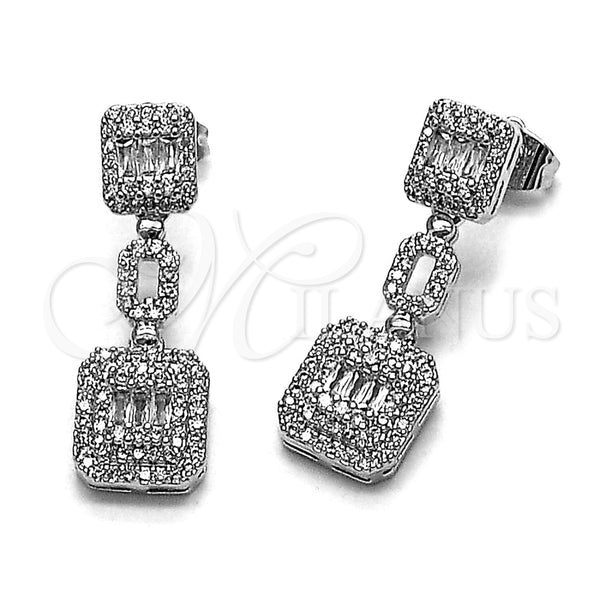 Rhodium Gold Filled Long Earring, Cluster and Baguette Design, with White Cubic Zirconia and White Micro Pave, Polished, Rhodium Finish, 02.346.0024