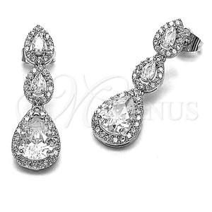 Rhodium Gold Filled Long Earring, Teardrop and Cluster Design, with White Cubic Zirconia and White Micro Pave, Polished, Rhodium Finish, 02.346.0025